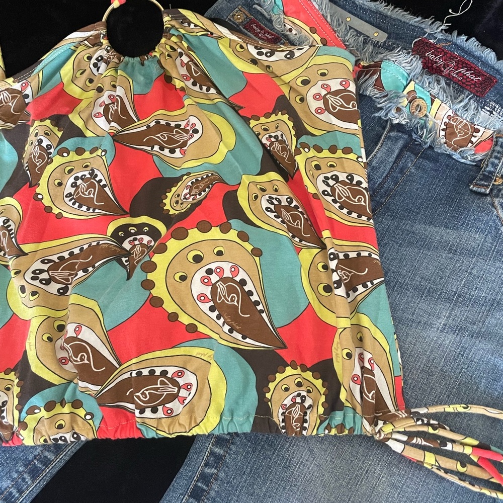 Vintage Baby Phat Halter Top with Abstract Print and Matching Capri Jeans